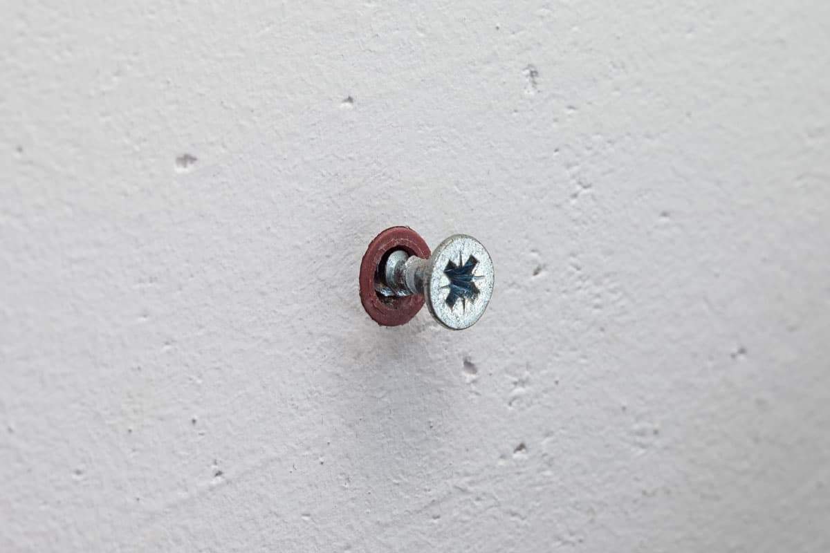 up close photo of a screw screwed on the dry wall studs of the room on the house