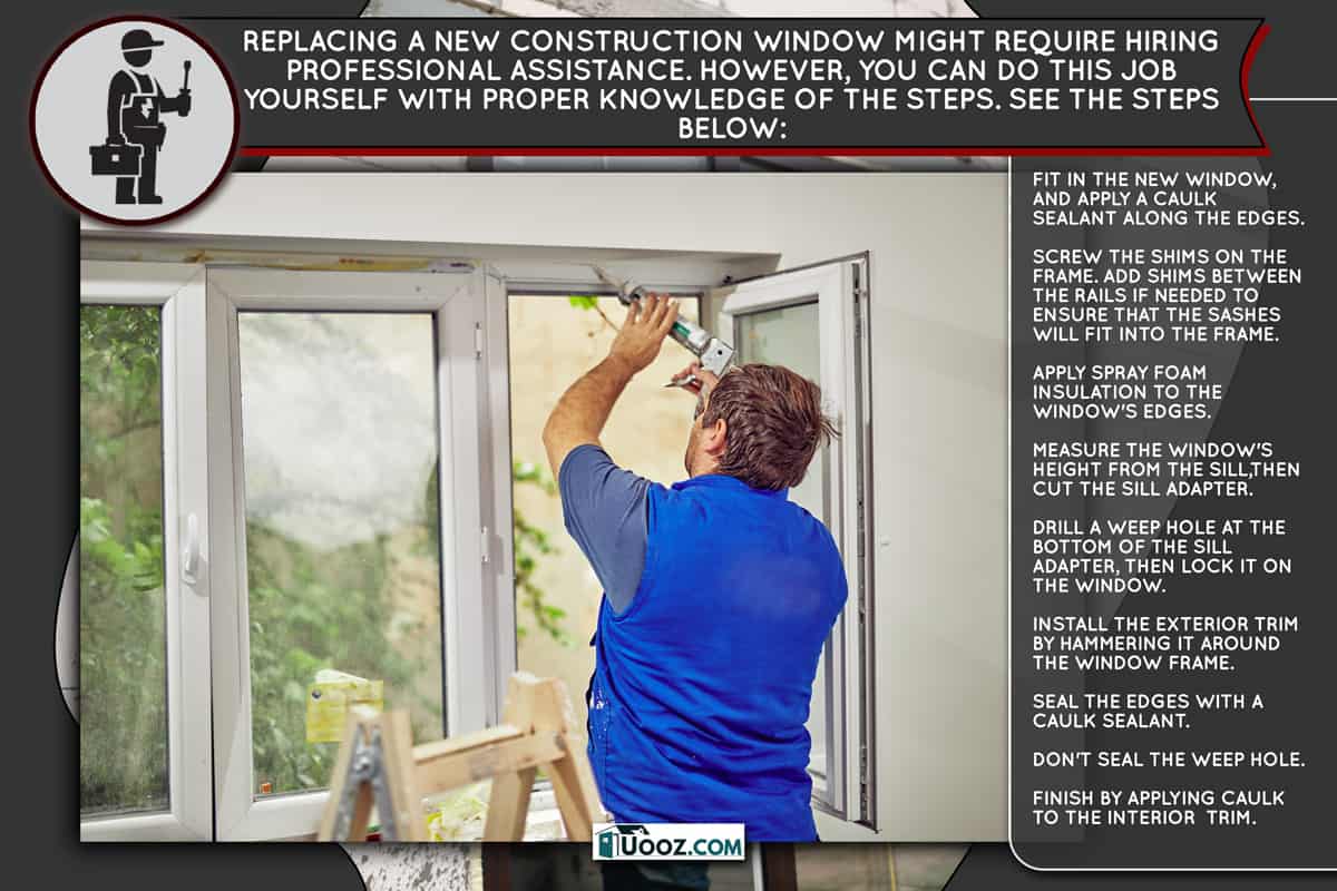 The window installer adjusts the hinges and checks new windows in the cottage under construction. Ordering windows with golden layout and brown lamination for a private house. A worker in uniform, How To Replace New Construction Windows