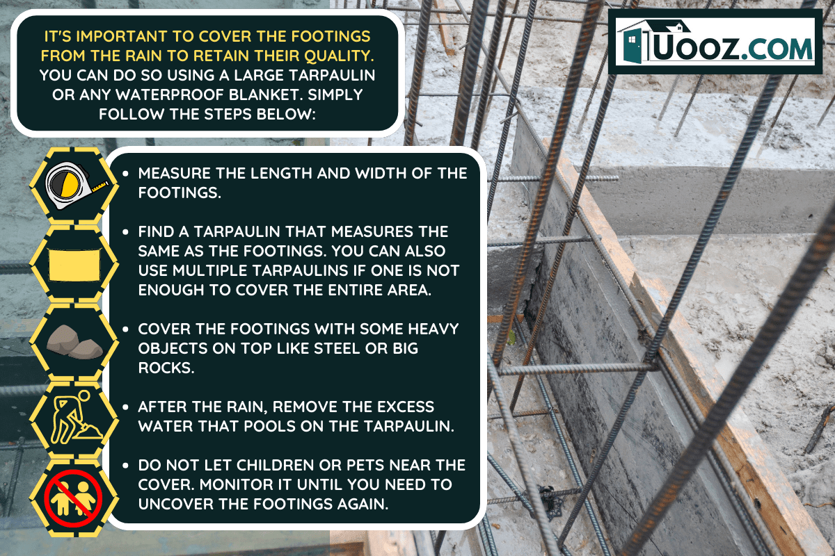 A strip foundation construction. A close-up of a concrete foundation with reinforced footing trenches, wood frames, rebars installed and concrete poured. - How To Protect Footings From Rain