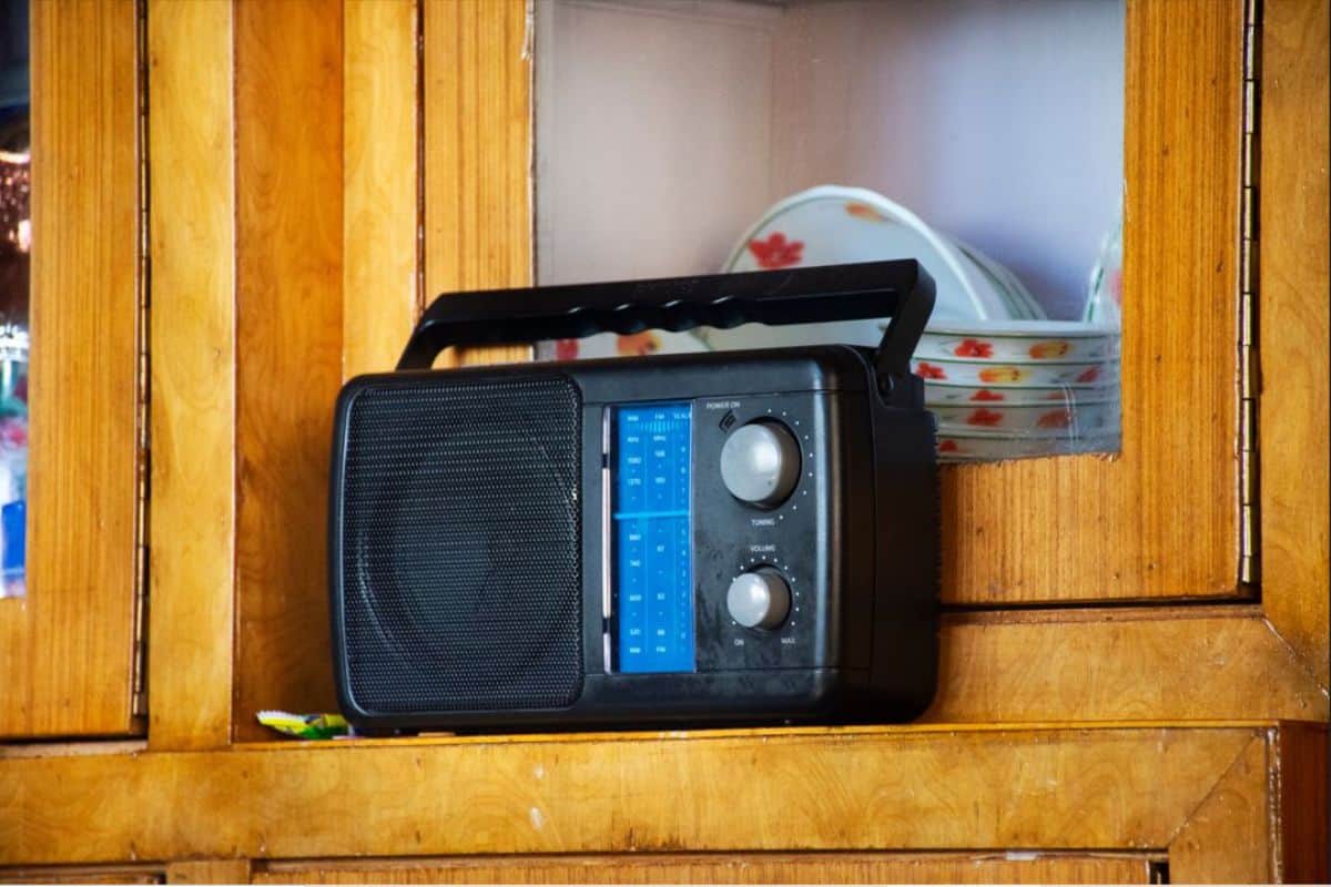 Retro vintage transistor radio of Indian and tibetan people in living room of house at Leh Ladakh village at Himalayan valley in Jammu and Kashmir, India while winter season