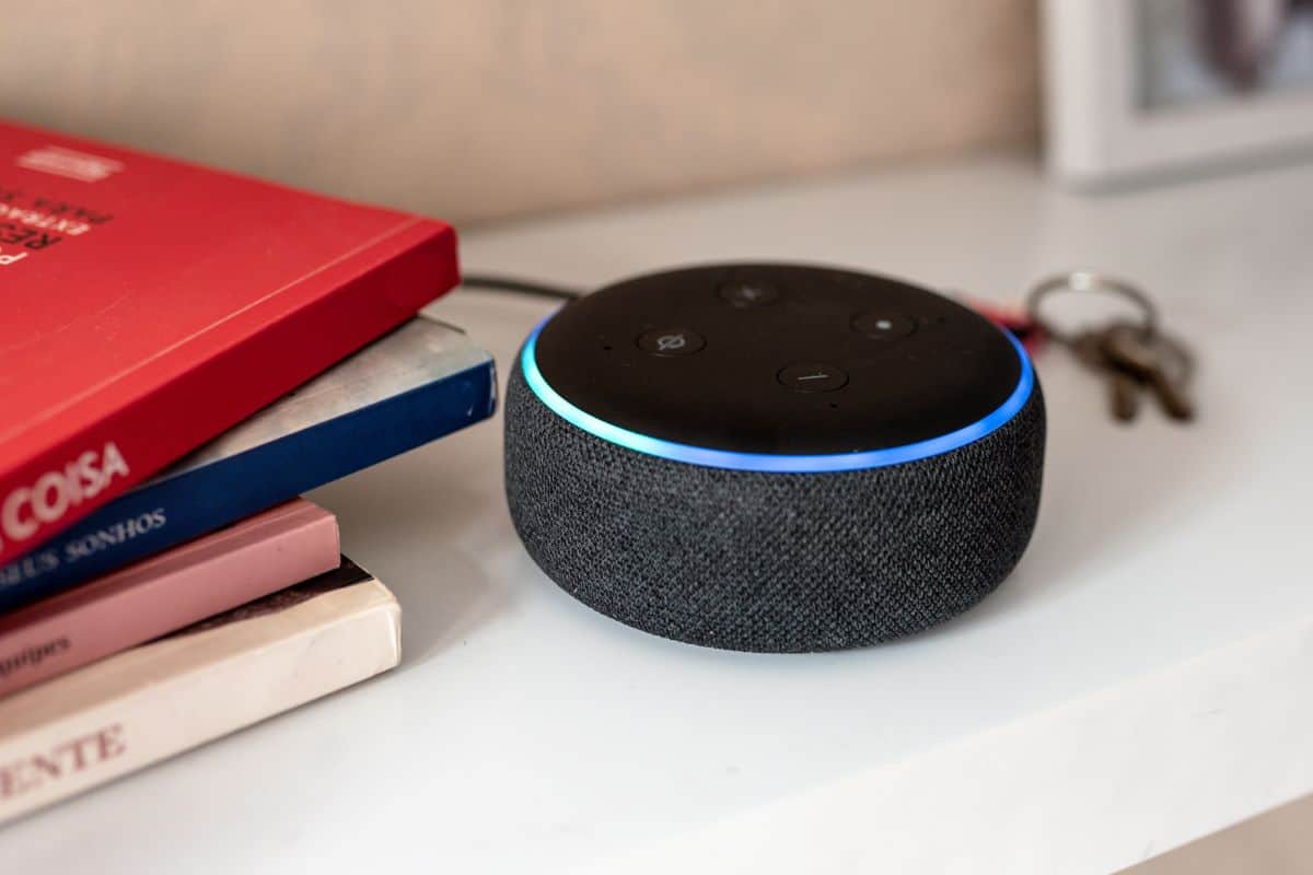 Rio de Janeiro, Brazil - January 28 2021: Amazon Echo Dot smart speaker with integrated Alexa voice assistant, home office
