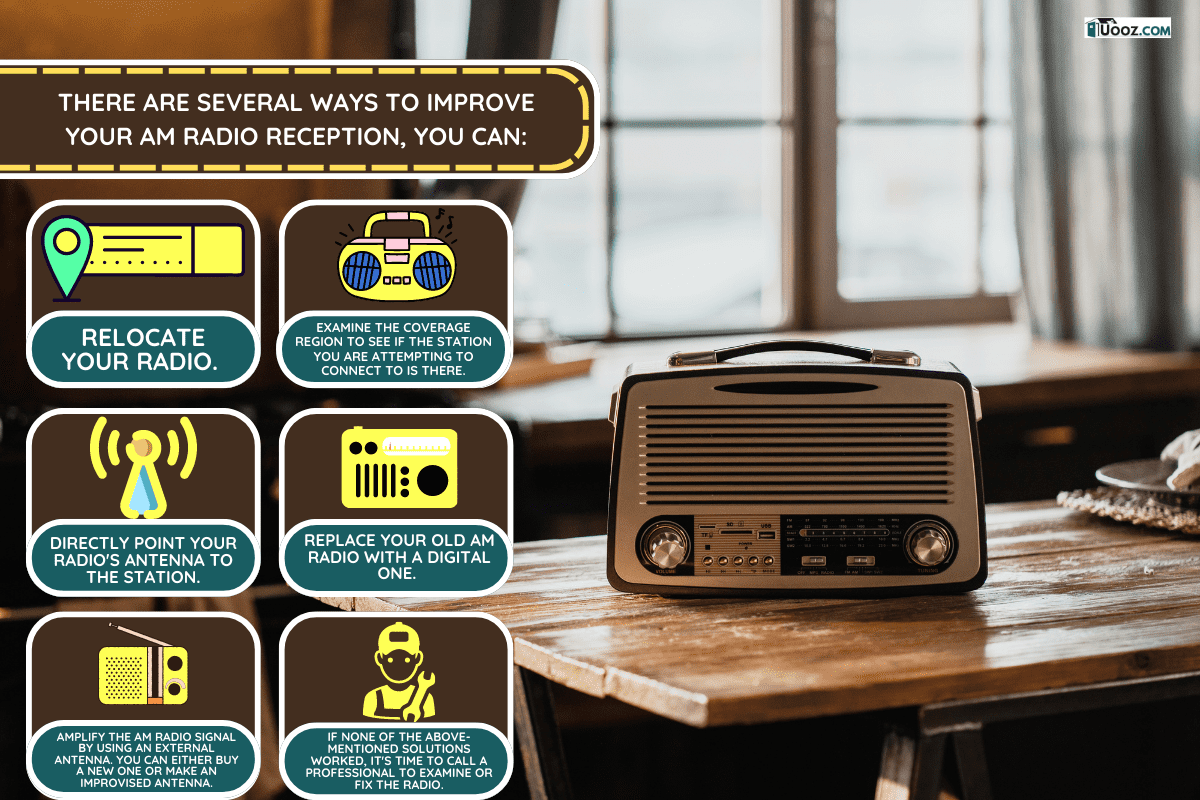The FM channel is playing music, a stylish retro radio player stands on a wooden table. stylish kitchen in the village, daylight from the window. - How To Improve Am Radio Reception At Home?