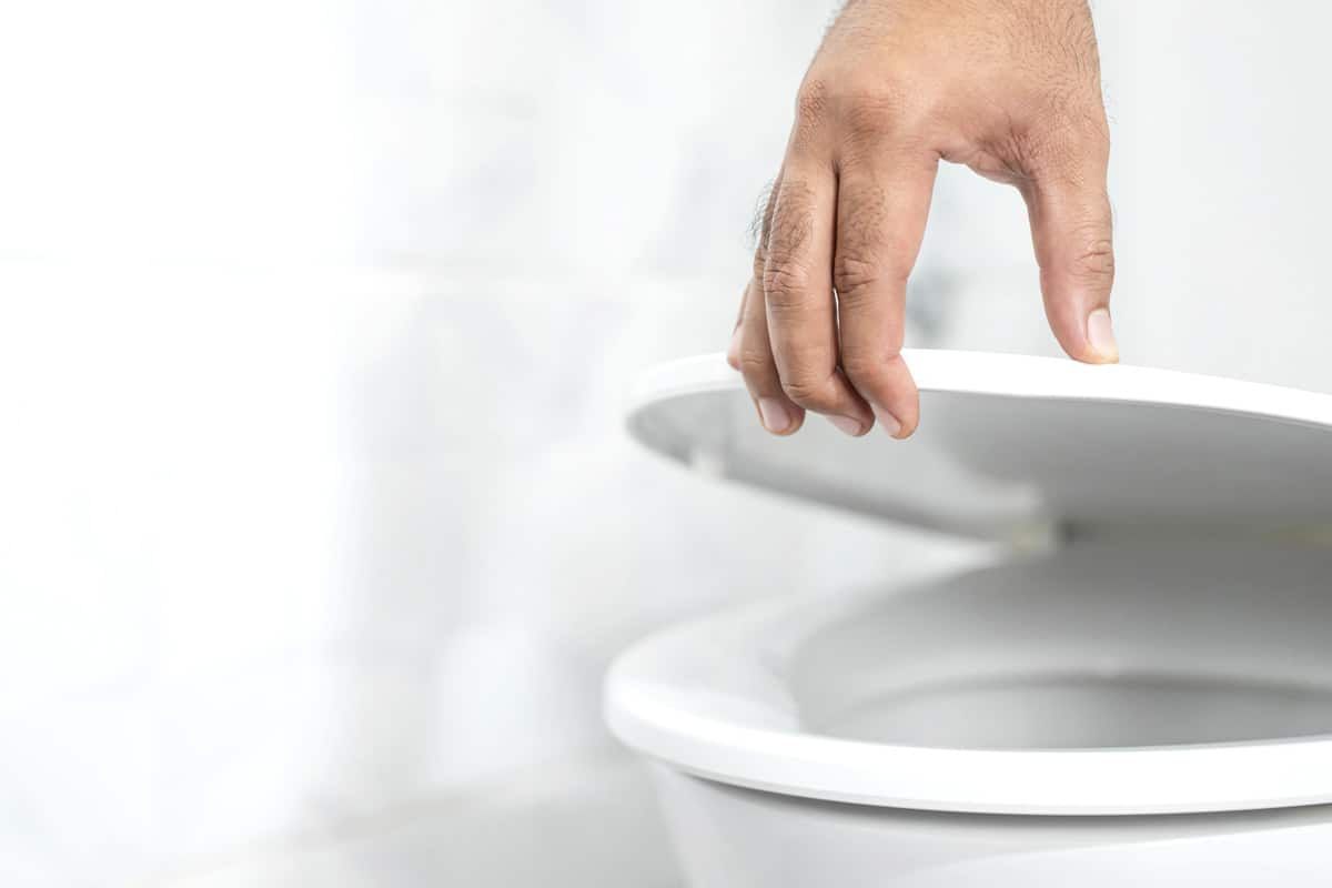 Woman opening the toilet cover