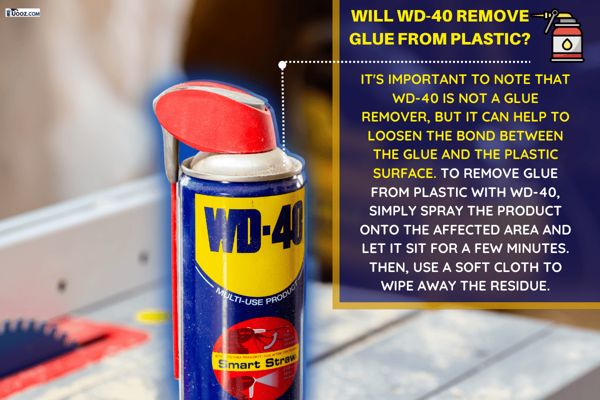 It's important to note that WD-40 is not a glue remover, but it can help to loosen the bond between the glue and the plastic surface. To remove glue from plastic with WD-40, simply spray the product onto the affected area and let it sit for a few minutes. Then, use a soft cloth to wipe away the residue.