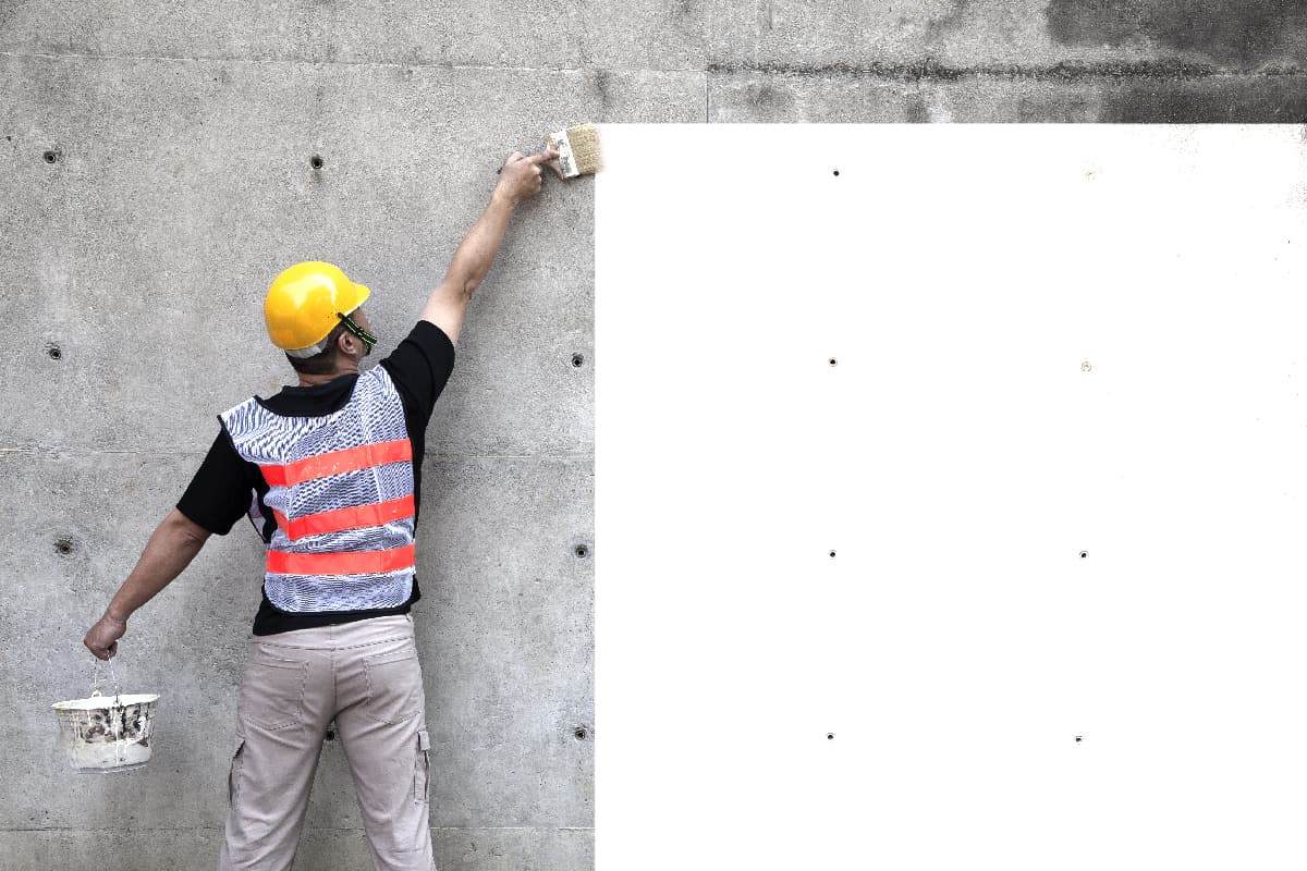 Worker painting the old wall in white