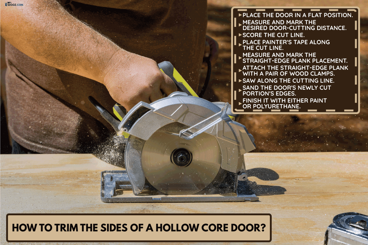 Working circular saw while holding it in hand, a worker cuts plywood on table. How To Trim The Sides Of A Hollow Core Door