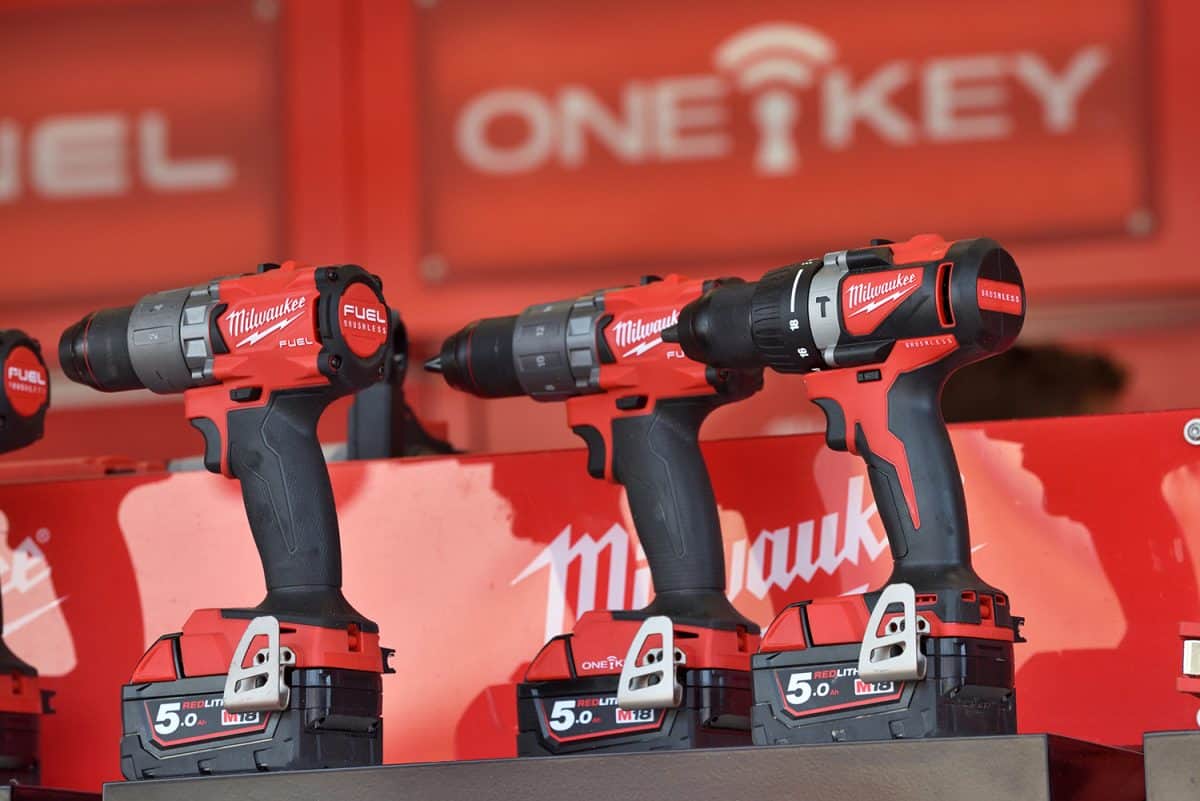 Milwaukee power tools on display close up