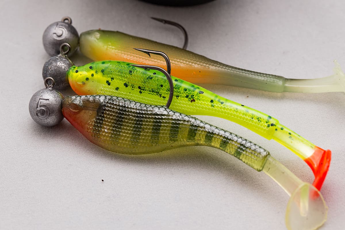 Close up of rubber lures mounted on jig head fish hooks