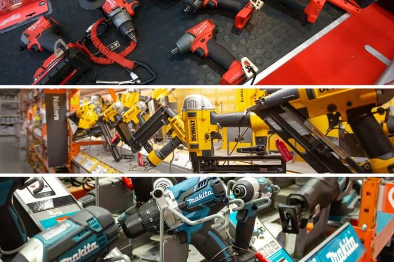 Drills, cordless screwdrivers, band saws and other equipment Milwaukee placed on a stand. - A view of a display of several different DeWalt power tools, seen at a local home improvement store. - Several Makita power tools on display at Home Depot. - Milwaukee Vs DeWalt Vs Makita: What Are The Major Differences?