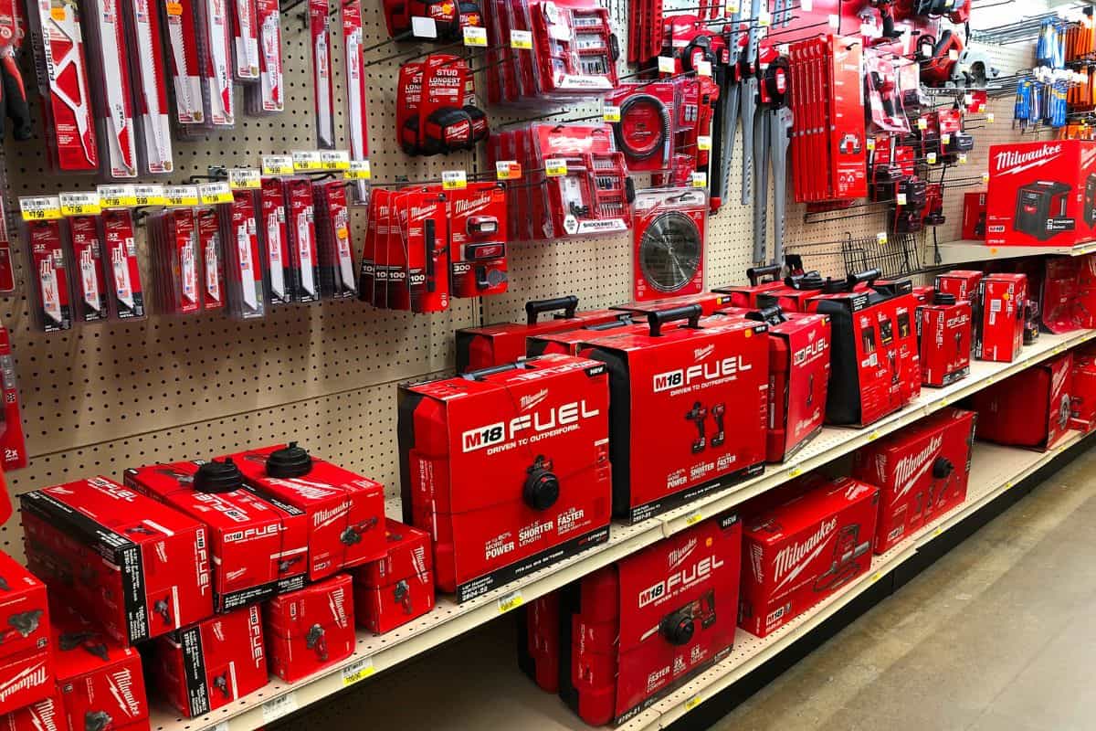 Milwaukee power tools on display in retail store. The Milwaukee Electric Tool Corporation produces power tools and hand tools.