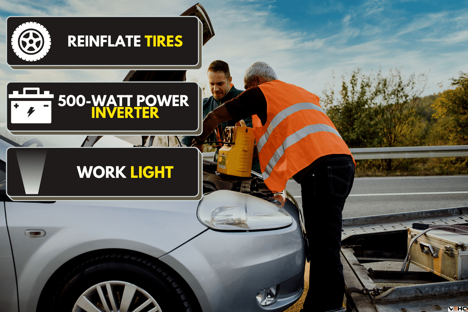 Two road assistant workers in towing service trying to start car engine with jump starter and energy station with air compressor. Roadside assistance concept., How To Use A DeWalt Jump Starter [Step-By-Step Guide]