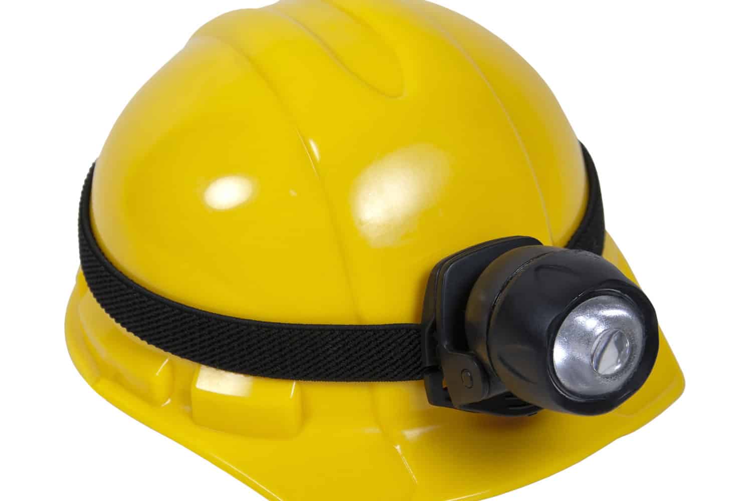 Yellow hard hat with large lamp for working in dangerous dark areas - path included 