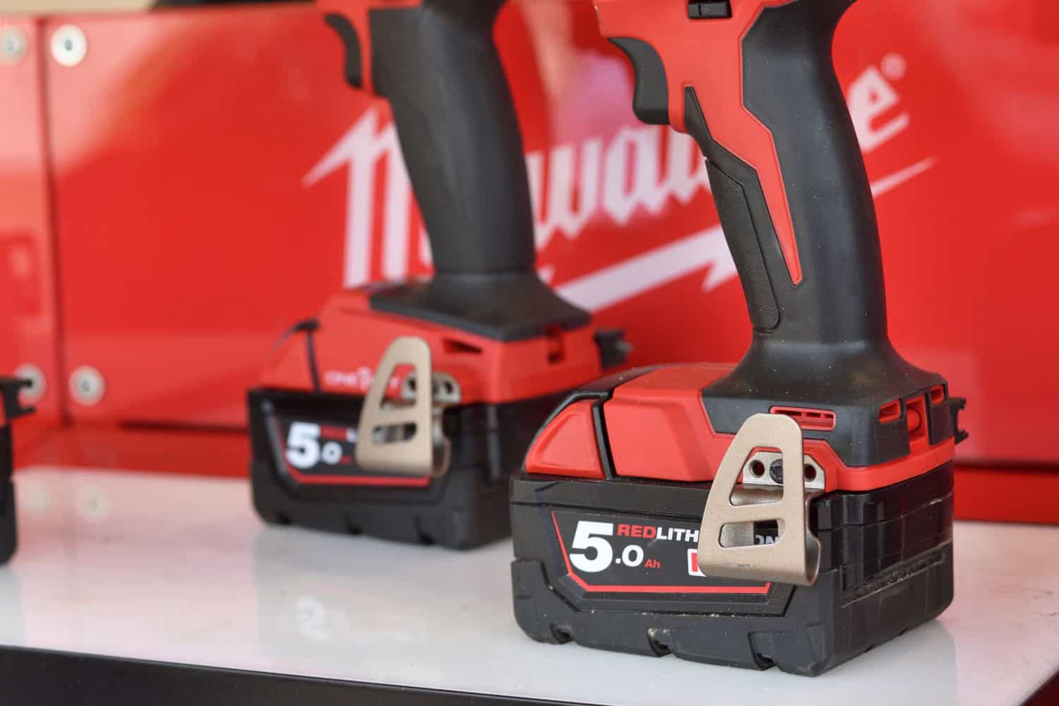 Up close photo of a Milwaukee M18 battery