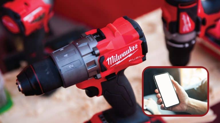 Collaged photo of phone and Milwaukee drill, How To Reset Milwaukee One Key [Quickly & Easily] - 1600x900